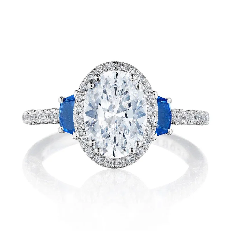 personalized engagement rings with floral designs-Oval 3-Stone Engagement Ring with Blue Sapphire