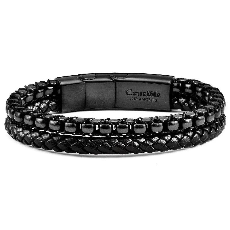 custom bracelets for women-Stainless Steel Box Chain and Leather Bracelet (12mm) - 8" + 0.5" Ext.