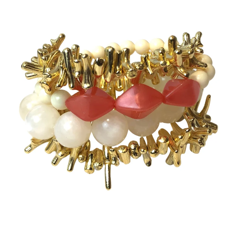 chunky gold bracelets for women-Gold Stick Coral & Cream Stack & Stretch Bracelets Set