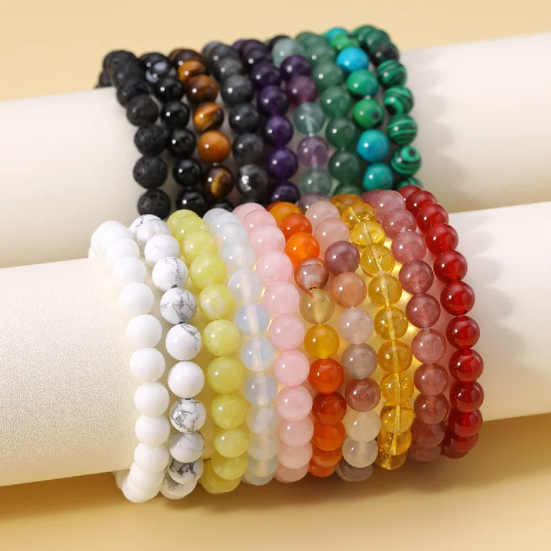 chunky diamond bracelets for women-Casual Round Natural Stone Beaded Bracelets