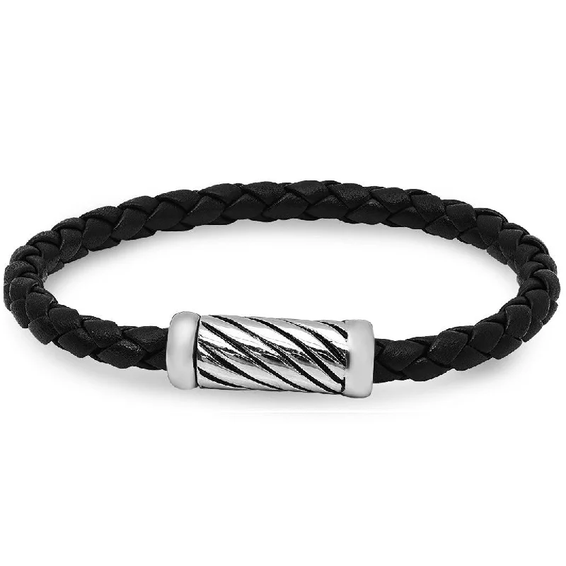 thin chain bracelets for women-Oxford Ivy Braided Black Leather Bracelet with Magnetic Stainless Steel Clasp ( 8 1/2 inches)