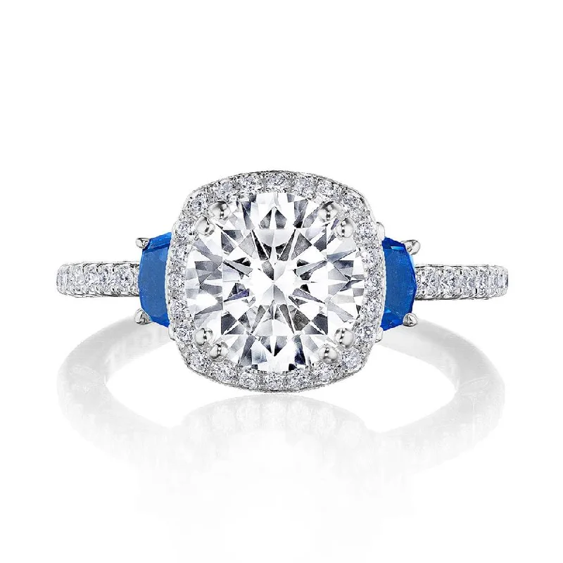 engagement rings with two-tone metal and diamond accents-Cushion 3-Stone Engagement Ring with Blue Sapphire