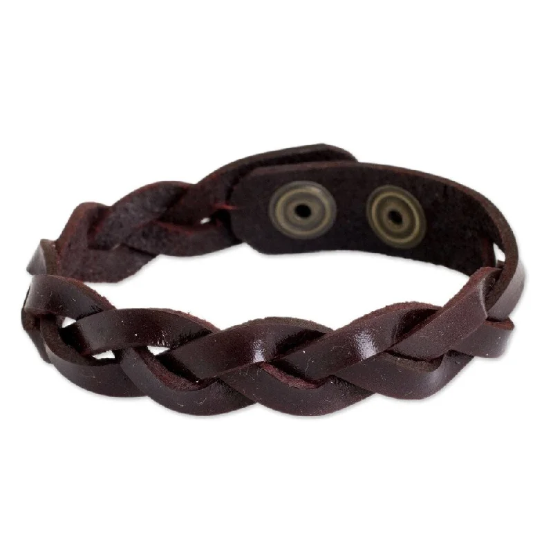 smooth silver cuff bracelets for women-Handmade Men's Leather 'Cordovan Rope' Bracelet (Thailand)