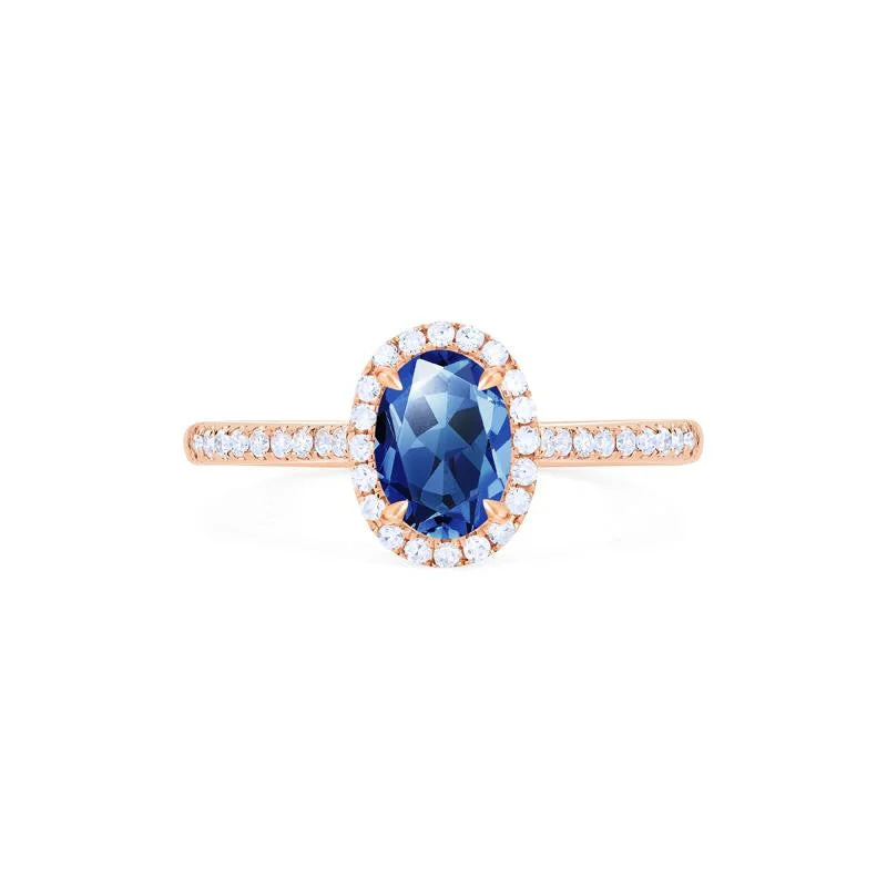 engagement rings with unique colored diamonds-[Lenora] Petite Oval Halo Diamond Ring in Lab Blue Sapphire