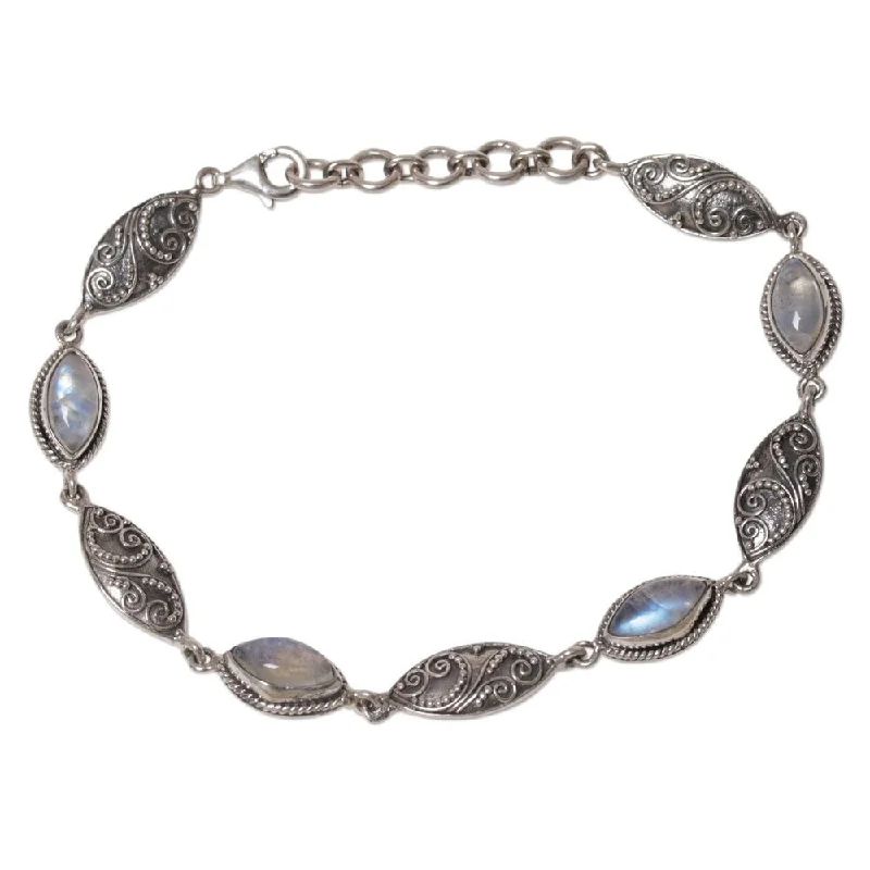 chunky bangles for women-Handmade Sterling Silver Rainbow Moonstone Link Bracelet, 'Rainbow Putri Nari' (Indonesia)