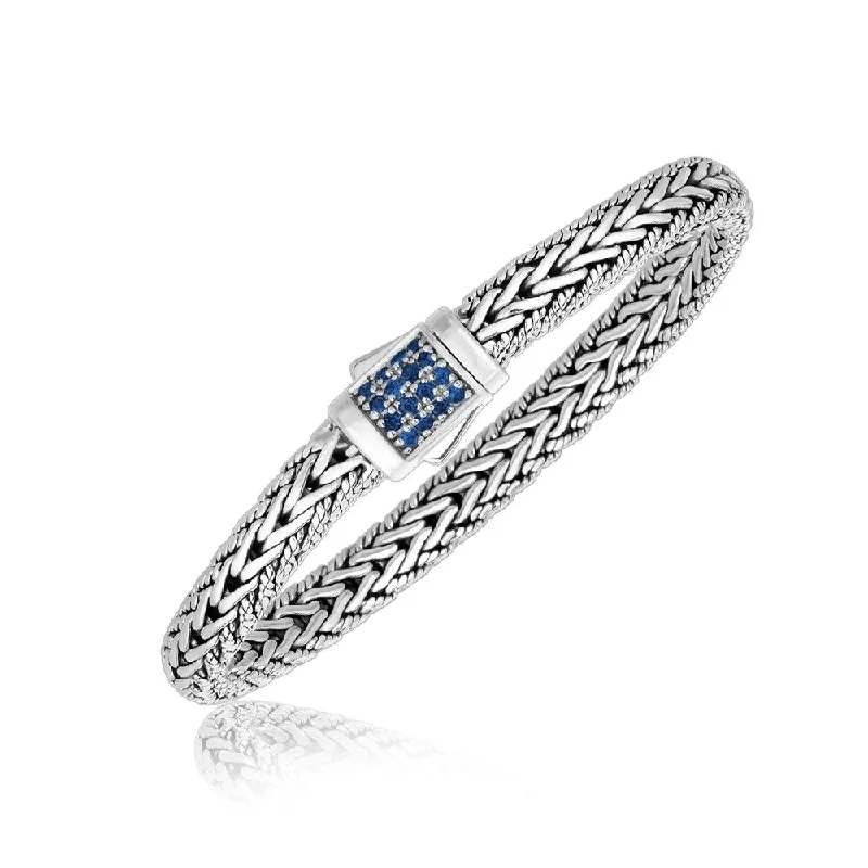 luxury leather bangles for women-Sterling Silver Braided Men's Bracelet with Blue Sapphire Stones