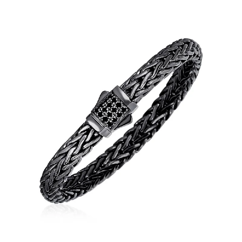 textured bangle bracelets for women-Woven Rope Bracelet with Black Sapphire and Black Finish in Sterling Silver