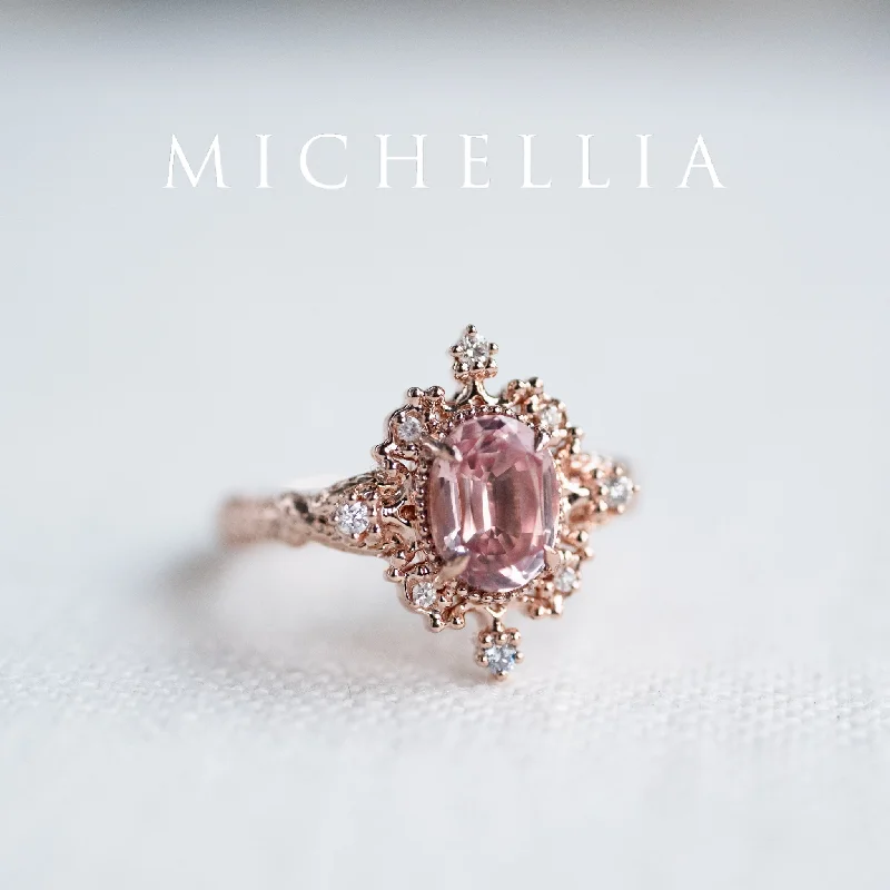 classic solitaire engagement rings with diamonds-[Marietta] Ready-to-Ship Belle Époque Peach Pink Sapphire Oval Engagement Ring with Diamond, One of A Kind