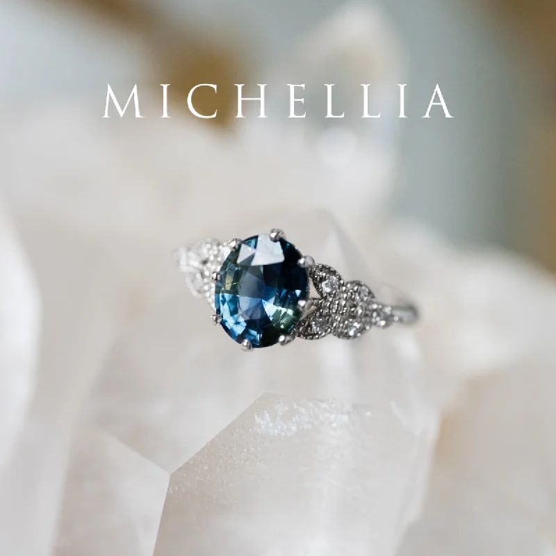 engagement rings with diamond side stones for women-[Olivia] Enchanted Forest Natural 1.80ct Teal Sapphire Oval Floral Engagement Ring, 14K White Gold - One of A Kind & Ready-to-Ship