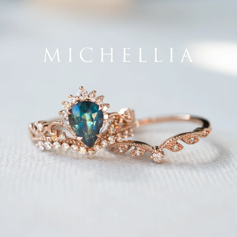 three-stone engagement rings with sapphire gemstones for women-[Nerissa] Mermaid Song Natural Teal Sapphire 2-piece Engagement Ring Set, 14K Rose Gold - One of A Kind & Ready-to-Ship