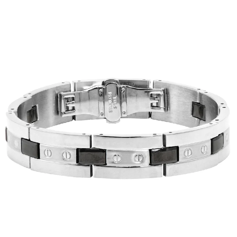 leather cuff bracelets for women-Oxford Ivy Men's Stainless Steel and Ceramic Accent Link Bracelet