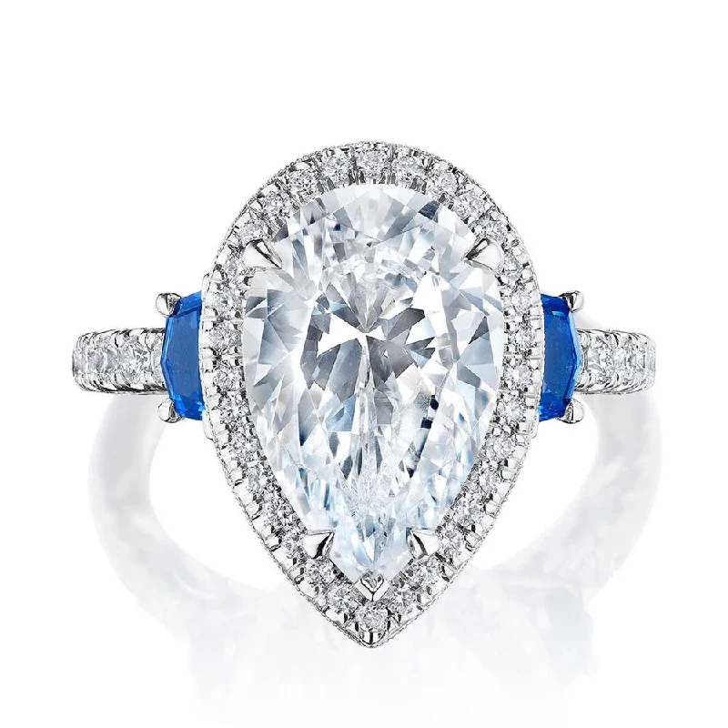 engagement rings with radiant diamonds and colorful gems-Pear 3-Stone Engagement Ring with Blue Sapphire