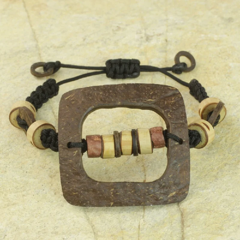 leather bracelets for women-Handmade Coconut Shell Bamboo 'Bold Squares' Bracelet (Ghana)