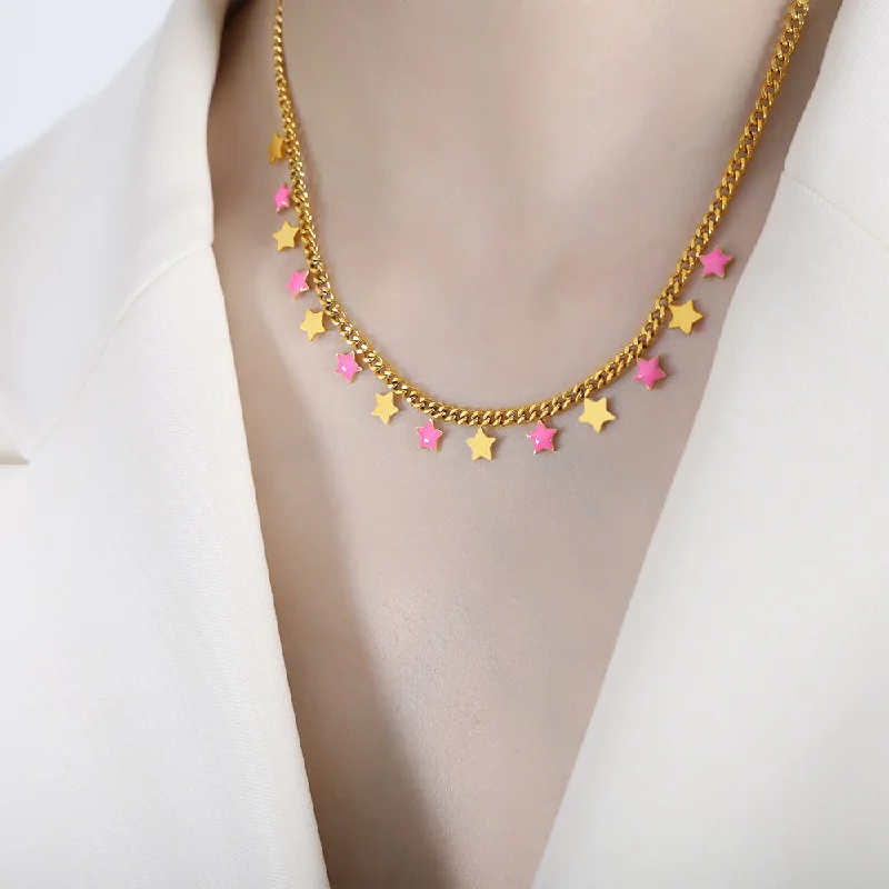 P1499-Pink Dripping Oil Gold Necklace-40+5cm