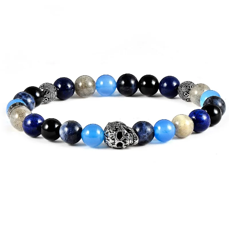 luxury bangles for women-Stainless Steel Skull Natural Stone Beaded Stretch Bracelet (8mm)