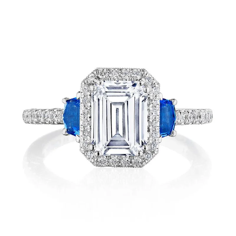 unique engagement rings with diamond side stones-Emerald 3-Stone Engagement Ring with Blue Sapphires