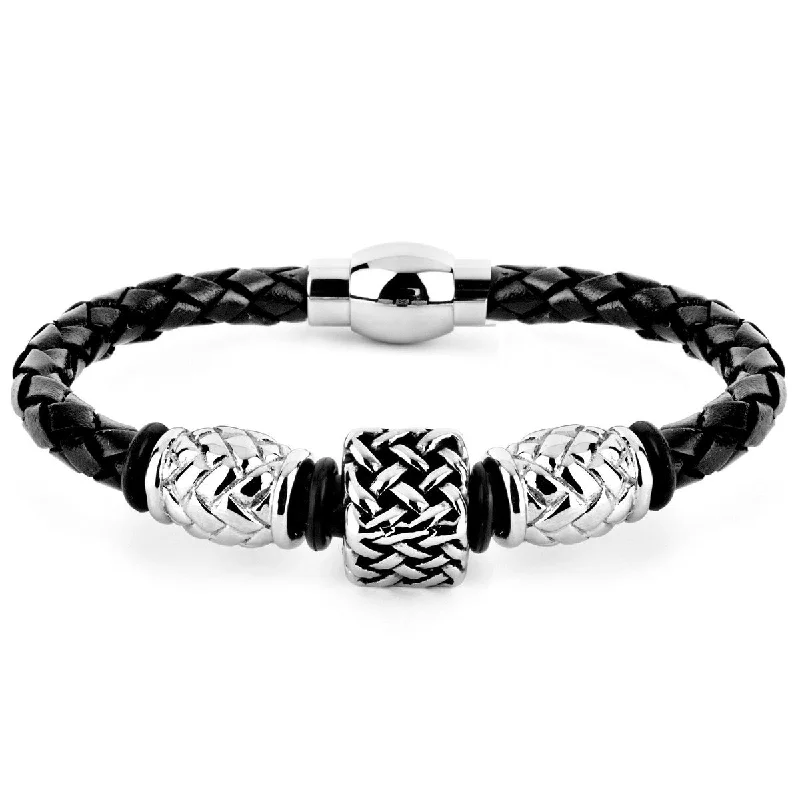 solid gold bracelets for women-Men's Lattice Steel Square Bead Braided Leather Bracelet