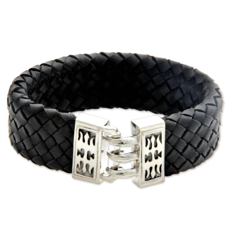 delicate bracelets for women-Handmade Sterling Silver Men's 'Tribal Warrior' Leather Bracelet (Indonesia)