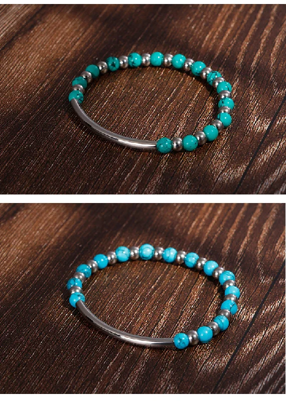 silver gemstone bangles for women-Wholesale Jewelry Turquoise Beaded Splicing Chain Stainless Steel Bracelet Gooddiy