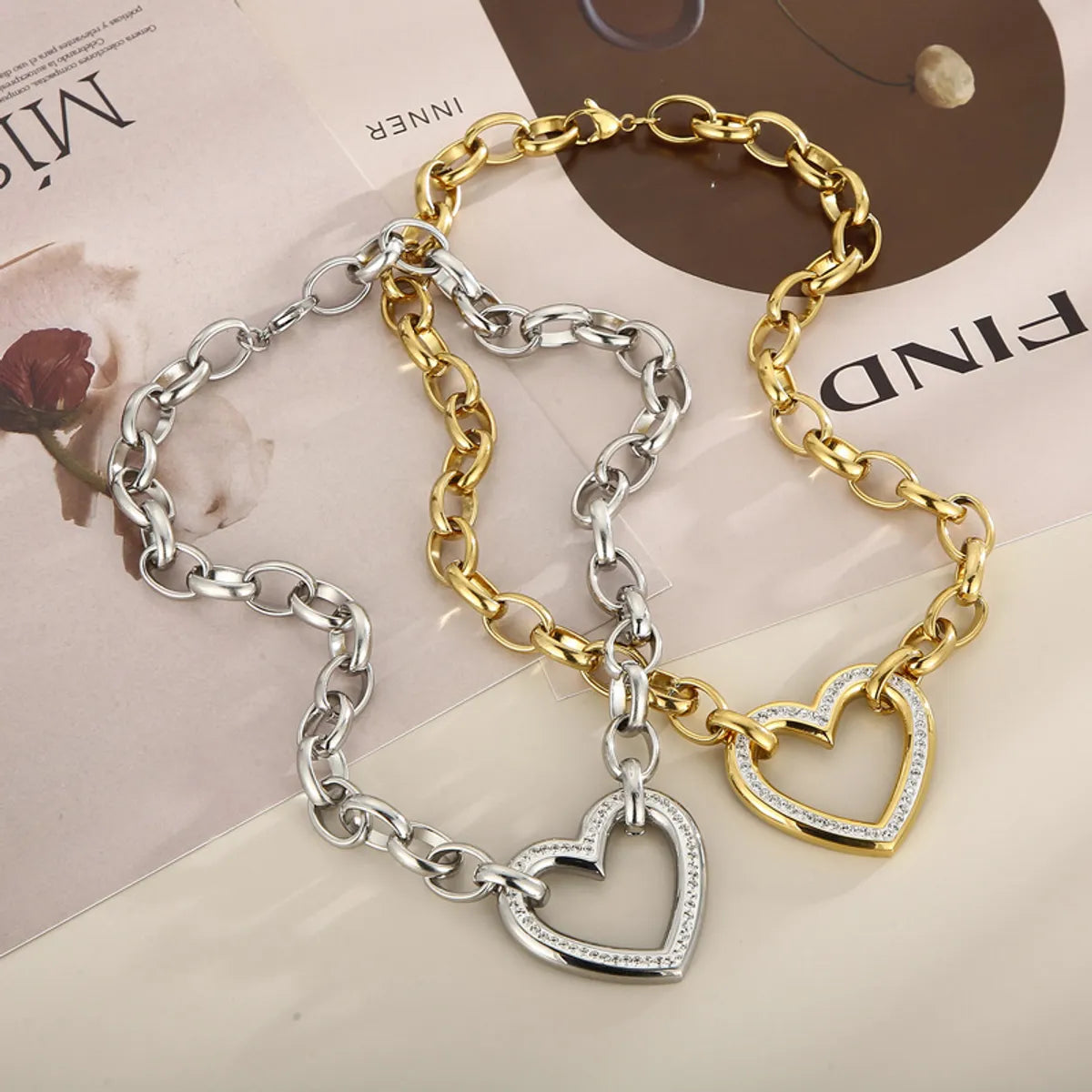 silver-plated charm bangles for women-Fashion Heart Shape Titanium Steel Plating Hollow Out Inlay Zircon Bracelets Necklace