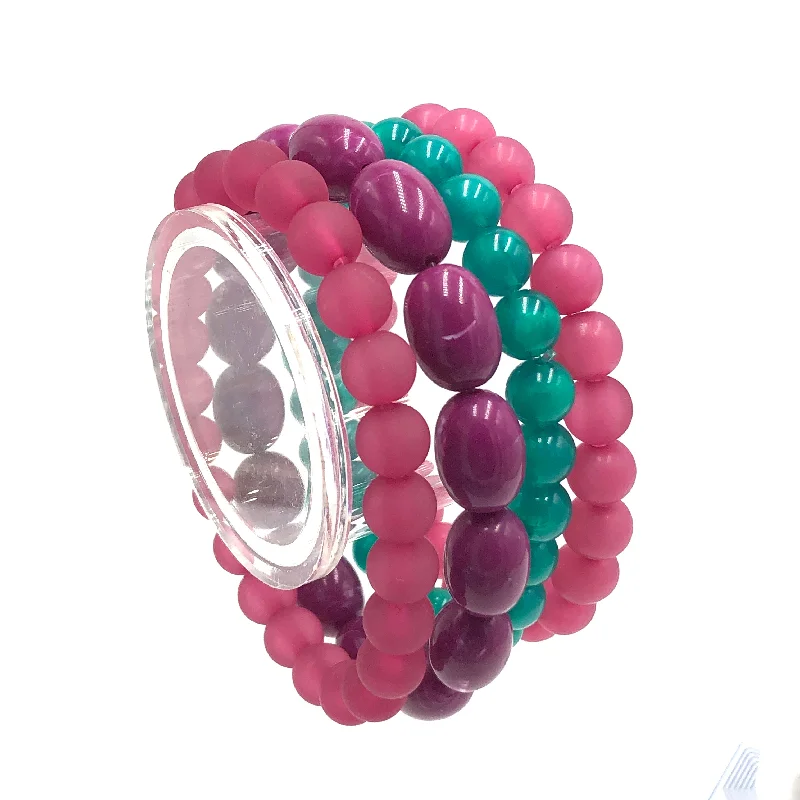 engraved leather bangles for women-Viva Violet & Emerald Stack & Stretch Bracelets Set