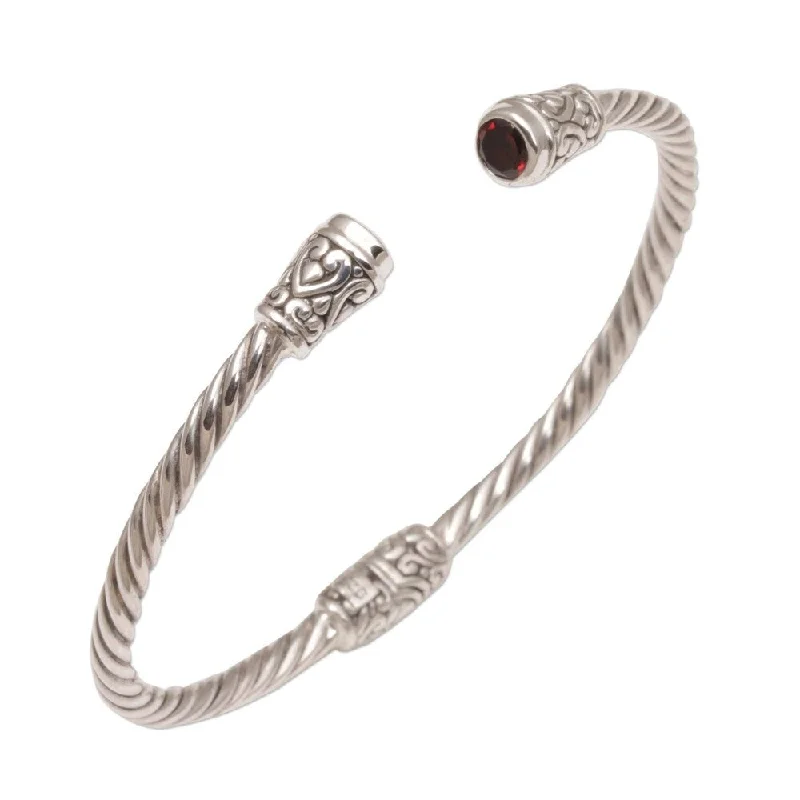 colorful bangle bracelets for women-Handmade Sterling Silver Spiral Temple Garnet Bracelet (Indonesia)