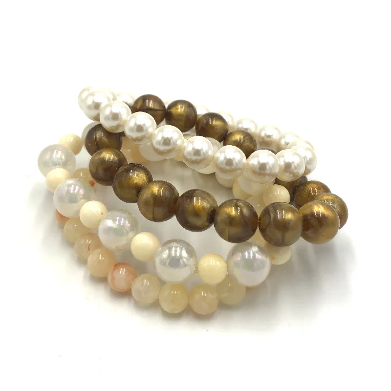 chic silver bracelets for women-Pearls & Caramel Stack and Stretch Bracelets Set