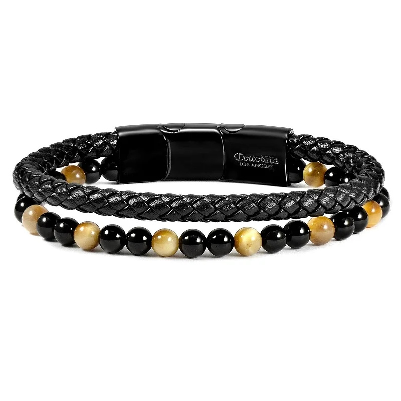 thick bangles for women-Natural Stone Beaded and Leather Layered Bracelet - 8.25" + Extender