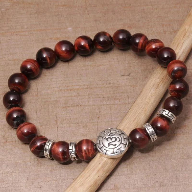 personalized charm bracelets for women-Handmade Men's Sterling Silver 'Temesir Om in Red' Tiger's Eye Bracelet (Indonesia)