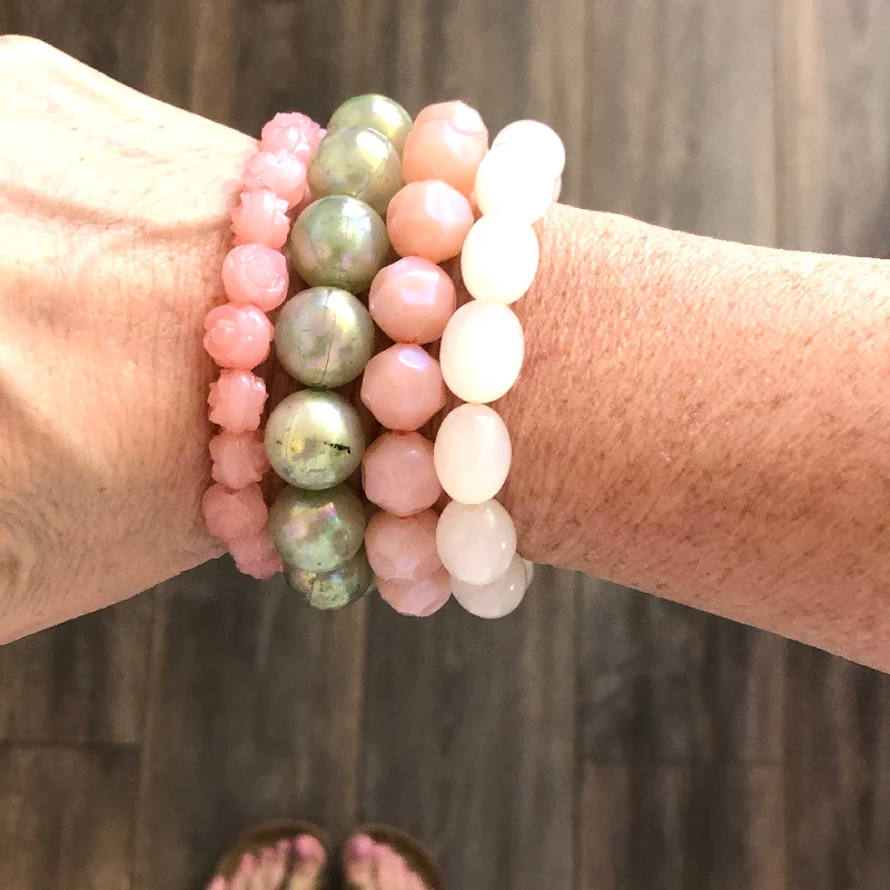 statement pearl bracelets for women-Pink & Sage Stack and Stretch Bracelets Set