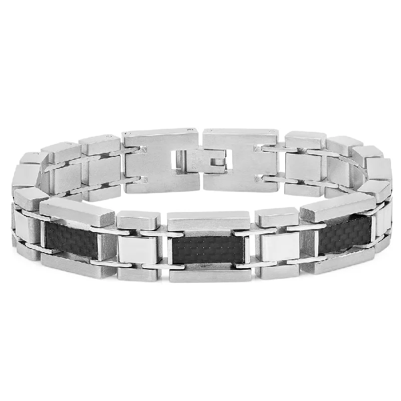 beaded bracelets for women-Oxford Ivy Mens Stainless Steel and Carbon Fiber Link Bracelet