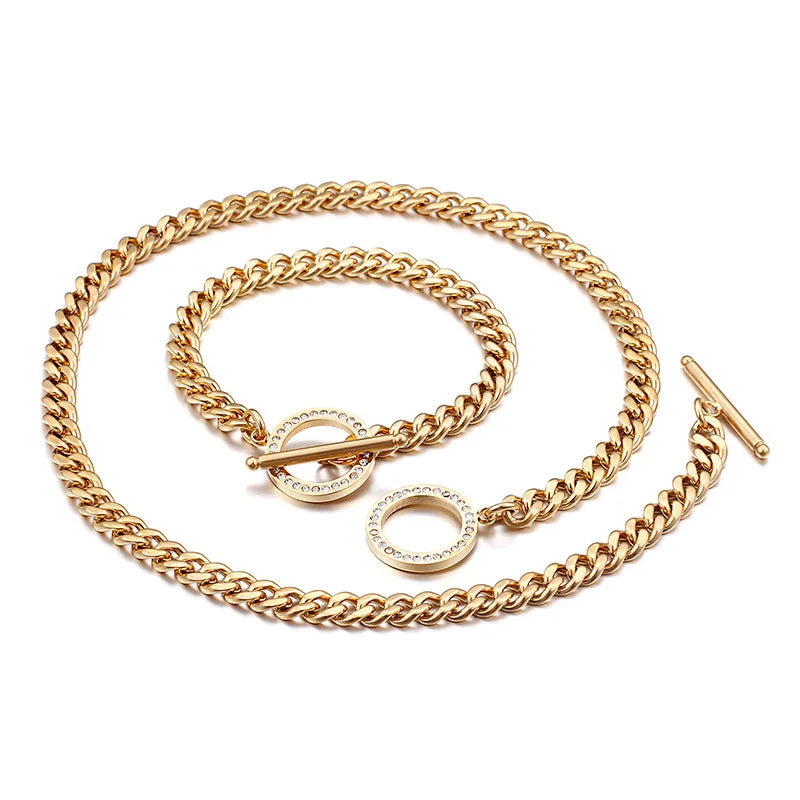 pink gold bracelets for women-Stainless Steel Thick Chain Diamond Necklace Bracelet Set Wholesale Gooddiy