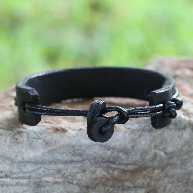 leather rope bangle bracelets for women-Handmade Stand Together in Black Men's Leather Bracelet (Ghana)