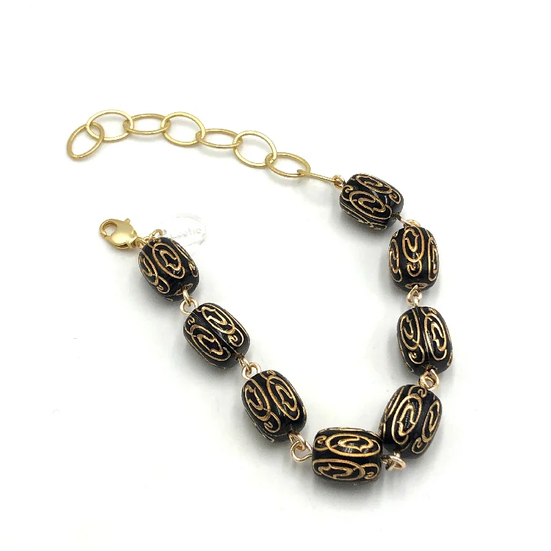 simple leather bangles for women-Black & Gold Etched Betsy Bracelet