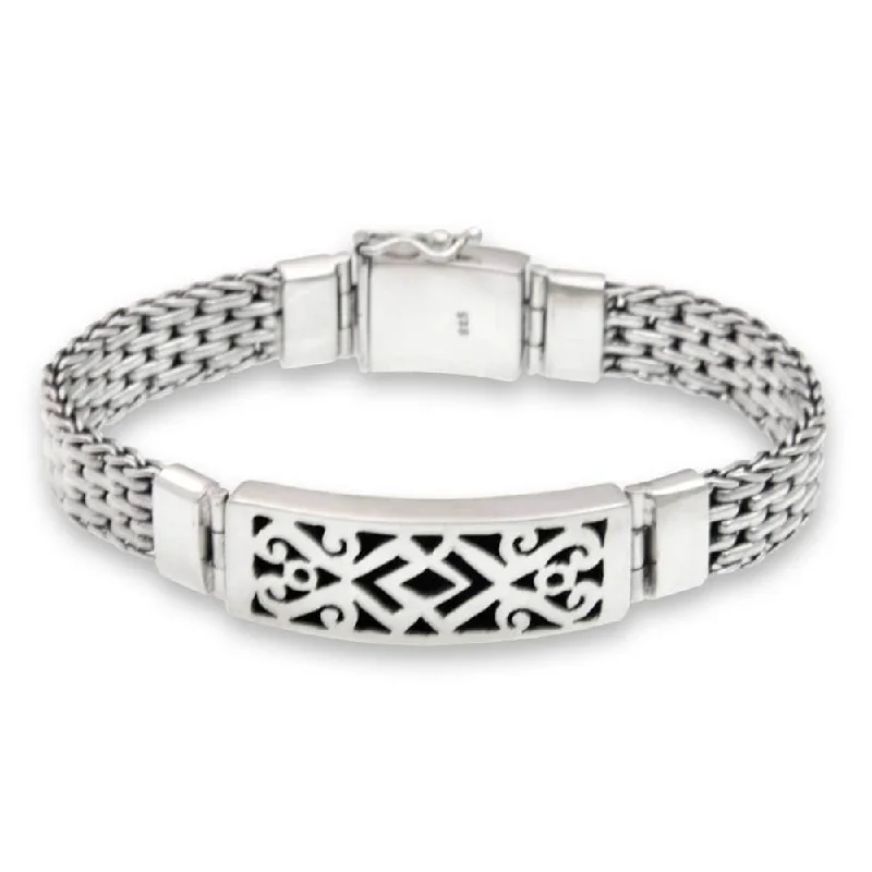 mixed-metal bracelets for women-NOVICA Handmade Men's Balinese Warrior Fretwork Sterling Silver Plaque-style Bracelet (Indonesia)