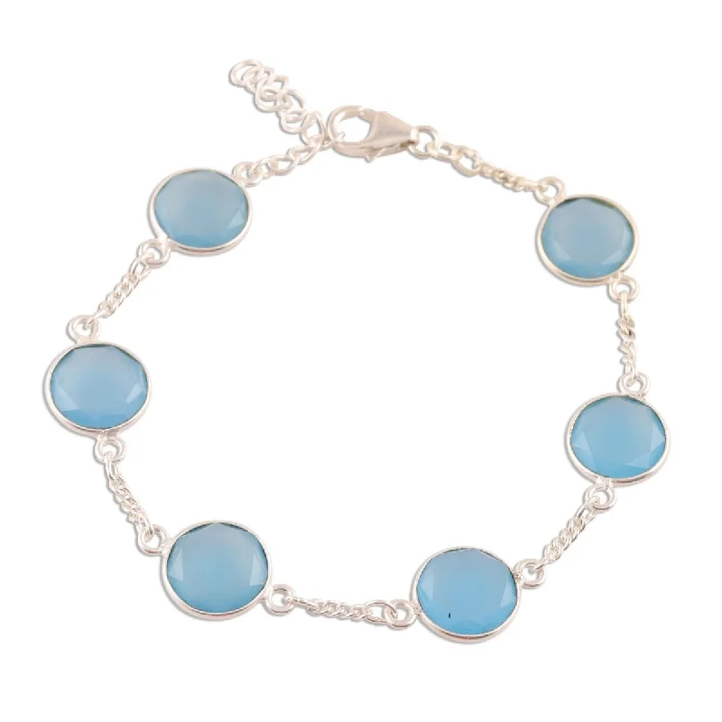 oversized charm bangles for women-NOVICA Shimmering Blue, Chalcedony station bracelet - 7" min L - x 7.75" max L x 0.4" W