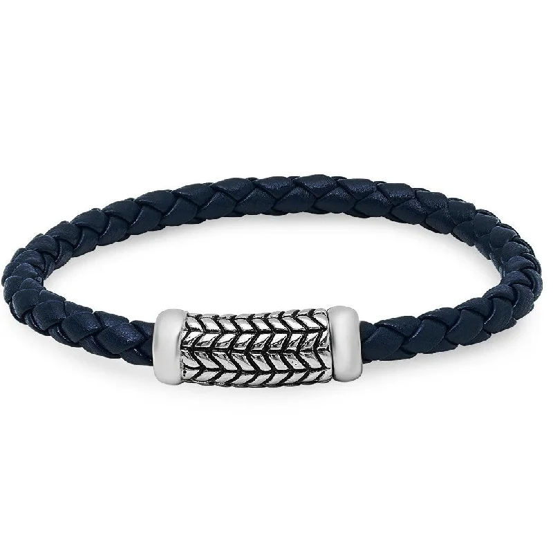 infinity bracelets for women-Oxford Ivy Braided Navy Leather Bracelet with Stainless Steel Clasp ( 8 1/2 inches)