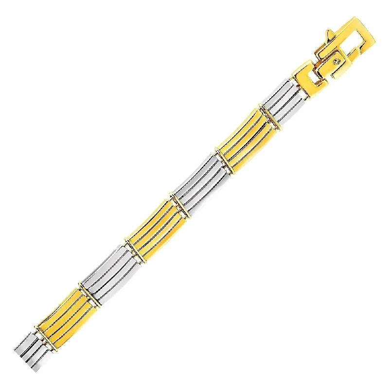 multi-color bangles for women-Mens Bracelet with Shiny Bars in 14k Two Tone Gold