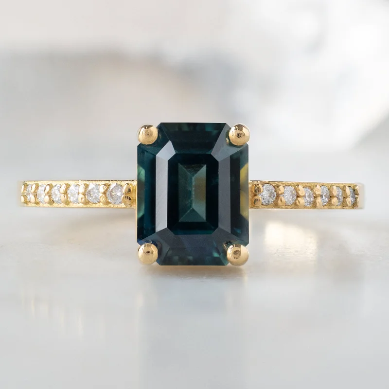 stunning engagement rings with blue sapphires and diamonds-The Willow Ring | 1.60ct Emerald Cut Teal Sapphire in 18K Yellow Gold