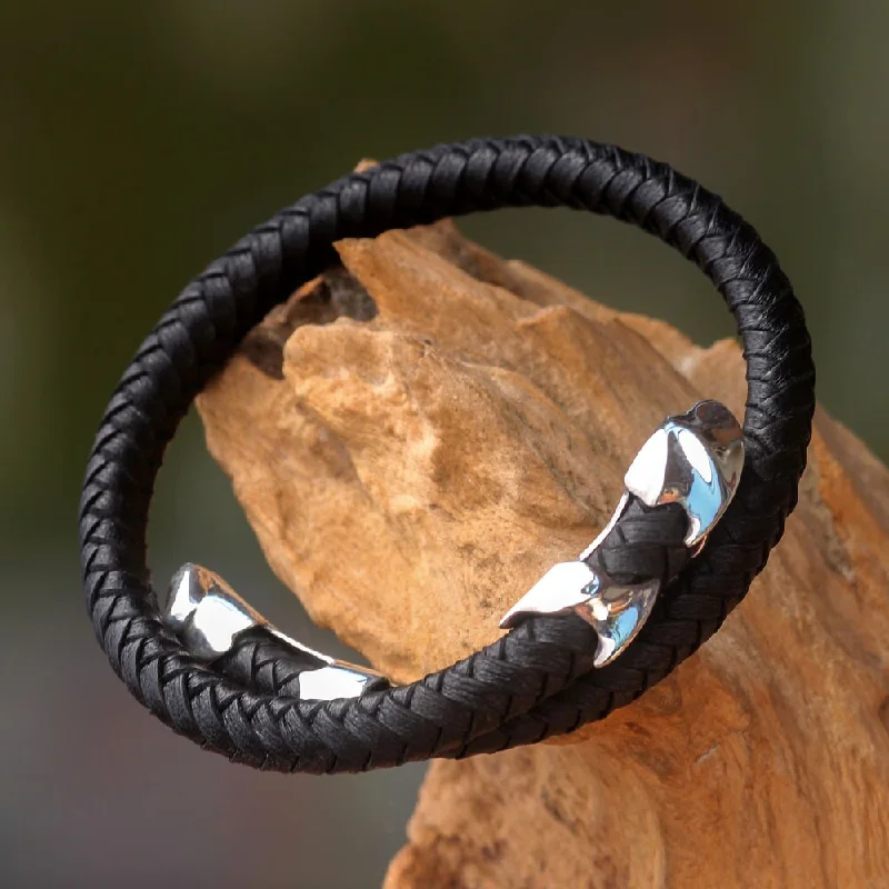 chunky bangles for women-Handmade Men's Leather Sterling Silver 'Tribal Aesthetic' Bracelet (Indonesia)