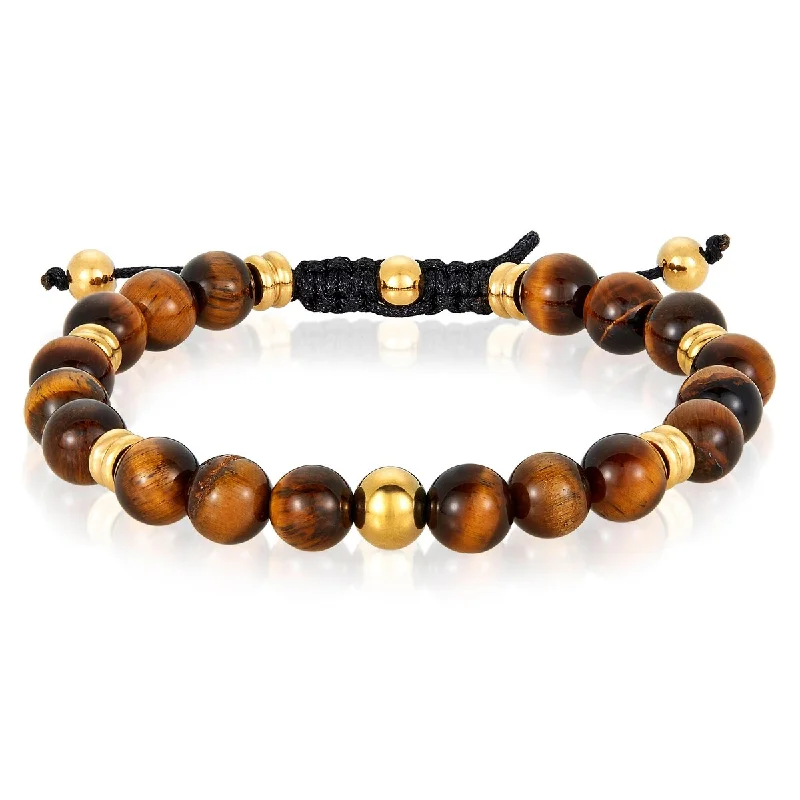 matching bangles for women-Tiger's Eye Stone and Stainless Steel Beaded Adjustable Bracelet (8mm)