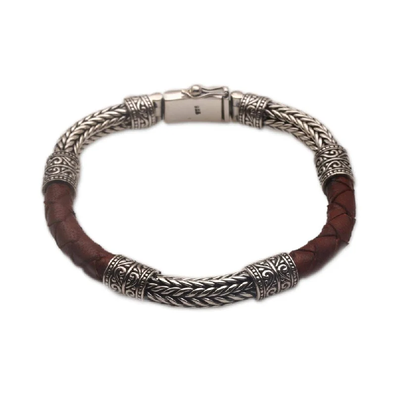 rose gold bracelets for women-Handmade Men's Sterling Silver Leather shades of copper and black 'Royal Weave in Brown' Bracelet (Indonesia)