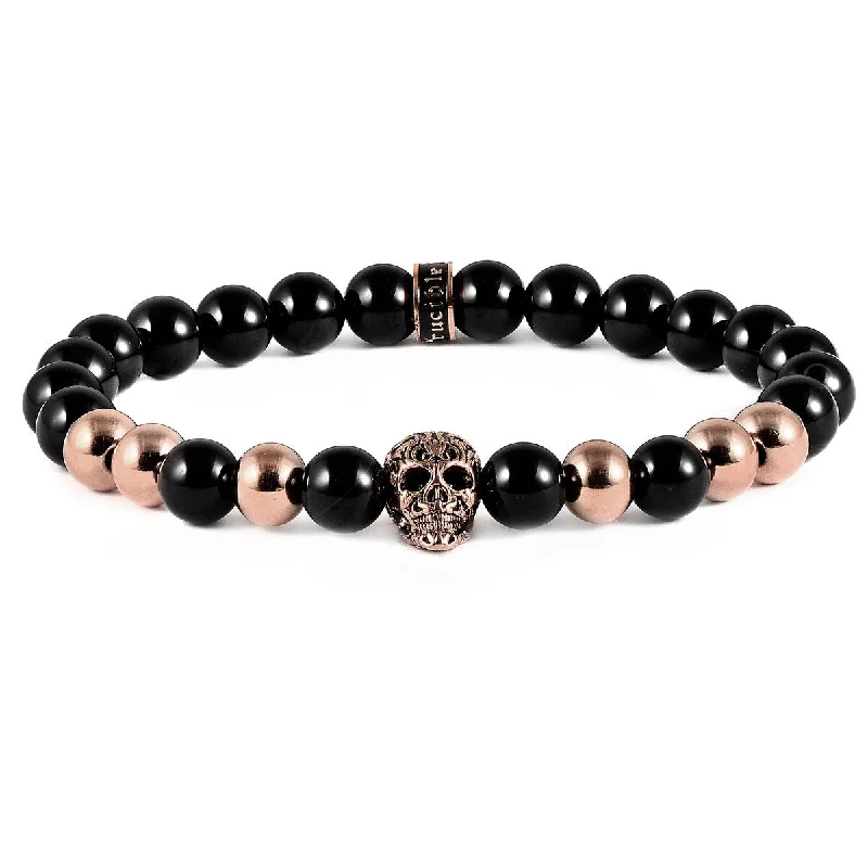 tennis bracelets for women-Stainless Steel Skull and Onyx Stone Beaded Stretch Bracelet (8mm)