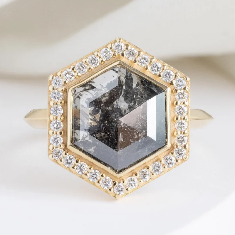 engagement rings with pave diamonds for women-The Dahlia Luxe | 2.68ct Salt and Pepper Hexagon Diamond in 18K Yellow Gold