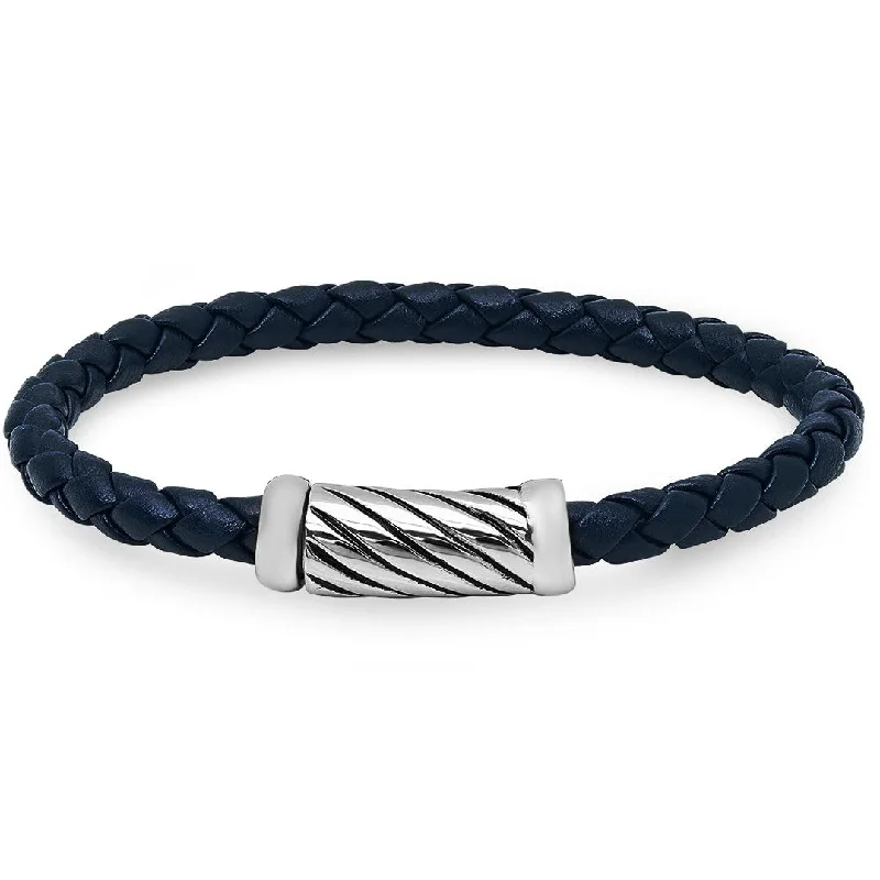 thin gold bangles for women-Oxford Ivy Braided Navy Leather Bracelet with Magnetic Stainless Steel Clasp ( 8 3/4 inches)