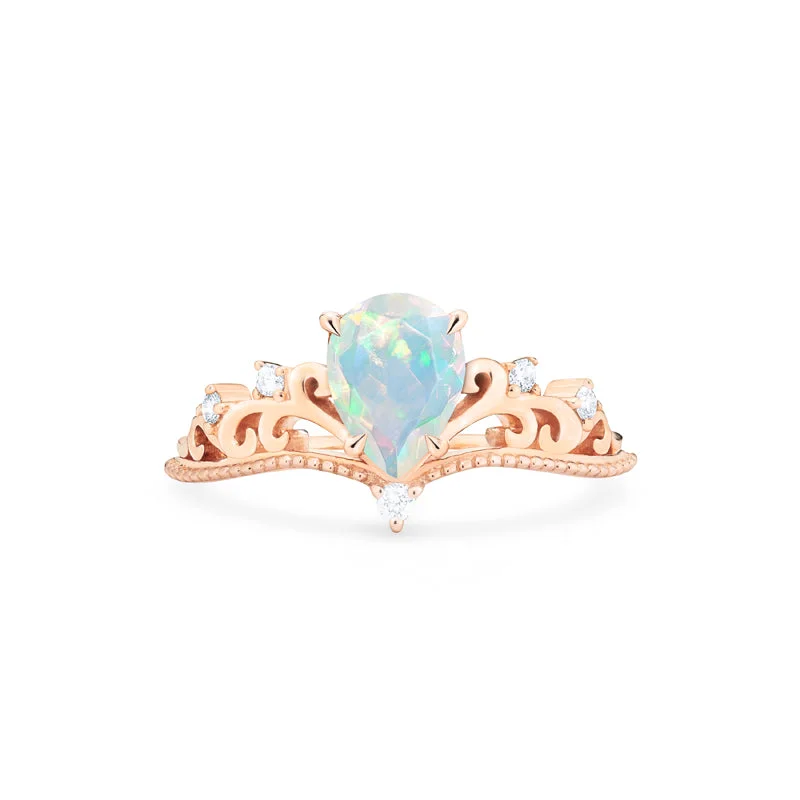 engagement rings with sapphire accents and diamonds-[Veronica] Vintage Crown Pear Engagement Ring in Opal