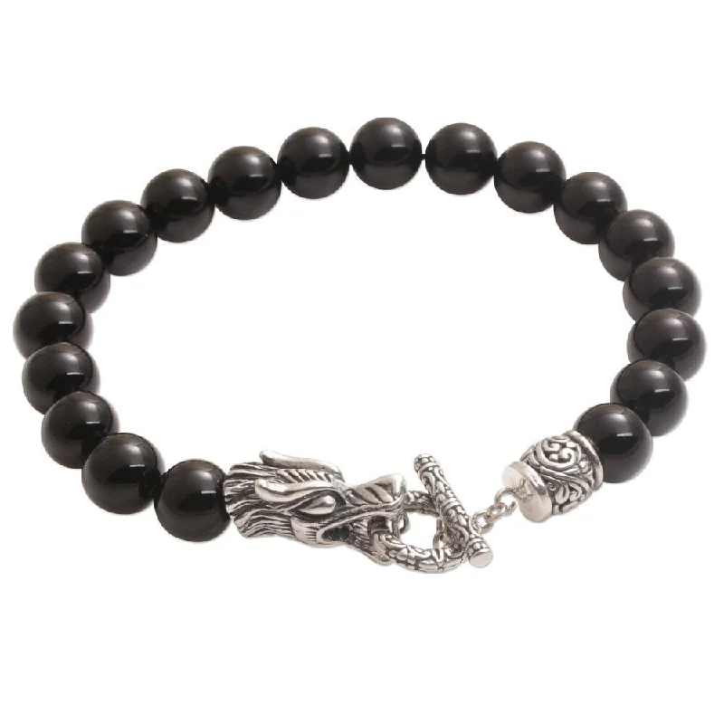 stacked bracelets for women-Handmade Dragon Glory Sterling Silver Onyx Bracelet (Indonesia)