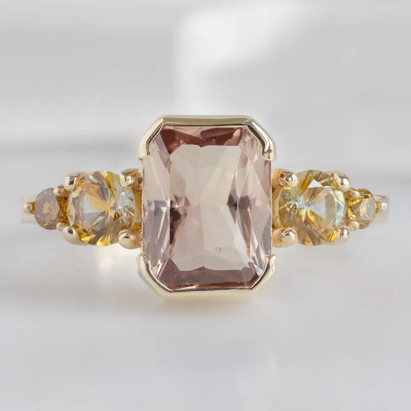 affordable diamond engagement rings for women-The Watercolor Ring | 2.04ct Emerald Cut Peach Sapphire in 14K Yellow Gold