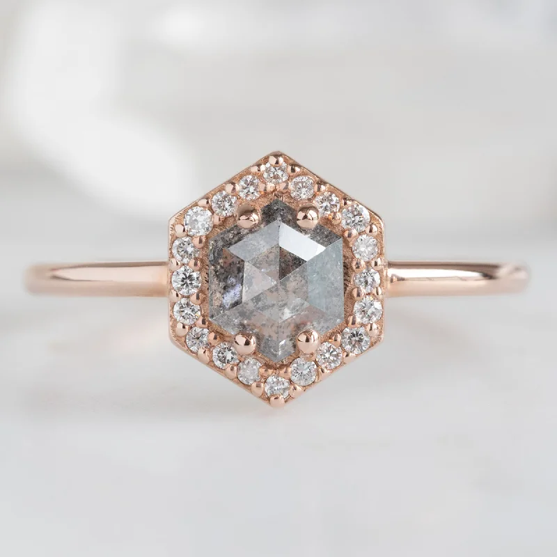 elegant oval engagement rings for women-The Dahlia Ring | 0.89ct Hexagon Salt and Pepper Diamond in 14K Rose Gold