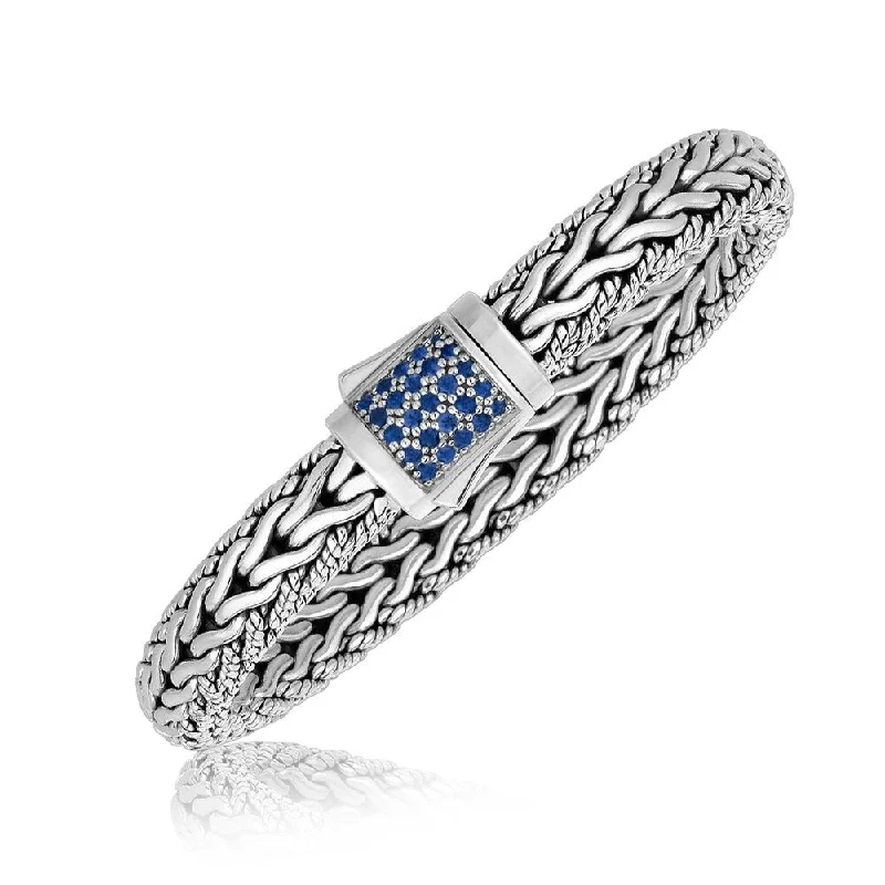 trendy leather bangles for women-Sterling Silver Blue Sapphire Designed Braided Men's Bracelet